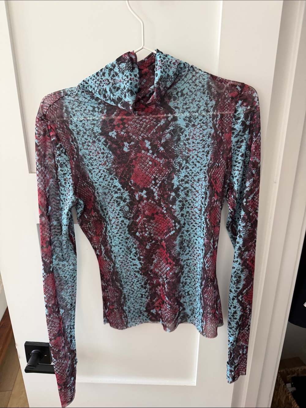 AFRM Blue and Red Snake-Print Long Sleeve Mock Neck Top